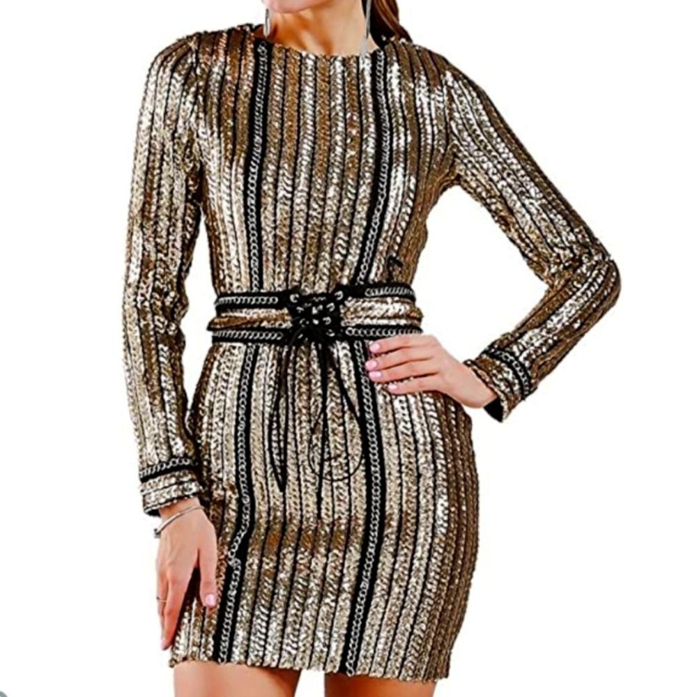 Long Sleeve Sequin Belt Rope Mini Dress Gold Small